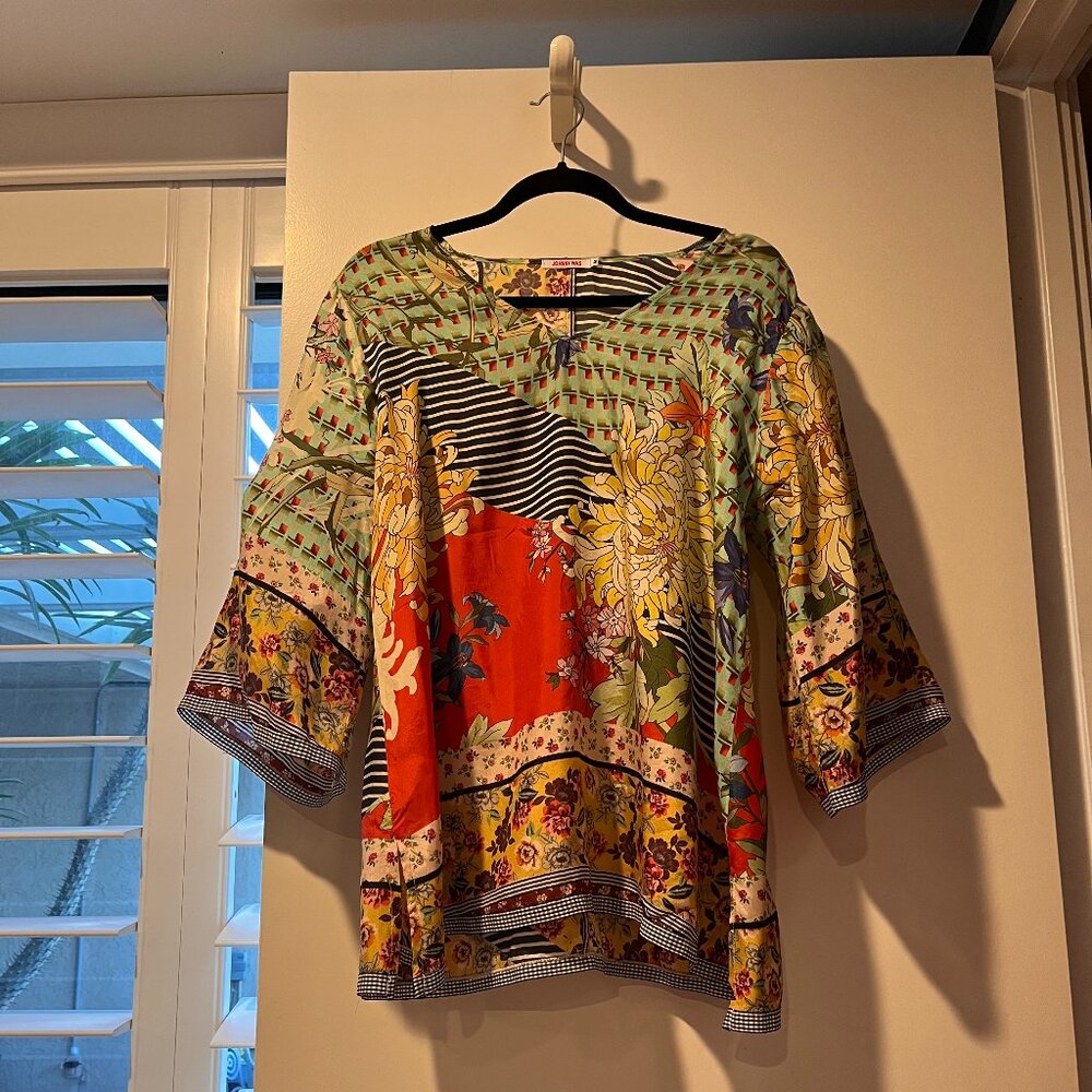 Johnny Was size M Red & Multi color Silk V Neck top